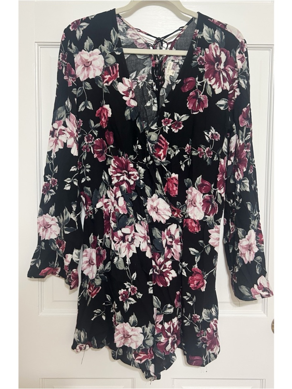 La Hearts Black Floral Wrap Romper with Pink & Burgundy Roses